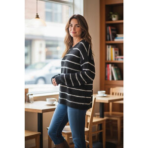 Torrid Black And White Striped Eyelash Fuzzy Crewneck Sweater Size L